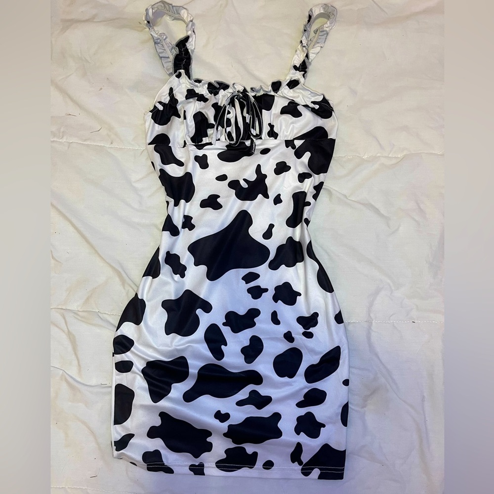 fitted black and white cow print dress